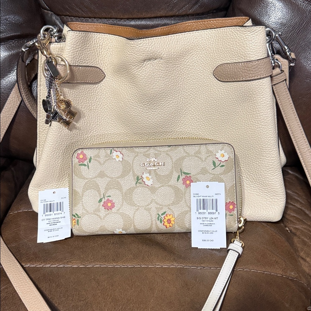 Coach Cream and Tan Bag with Floral Wallet